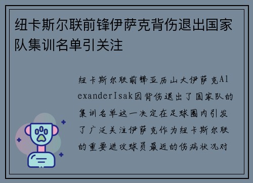 纽卡斯尔联前锋伊萨克背伤退出国家队集训名单引关注 纽卡斯尔联前锋伊萨克背伤退出国家队集训名单引关注